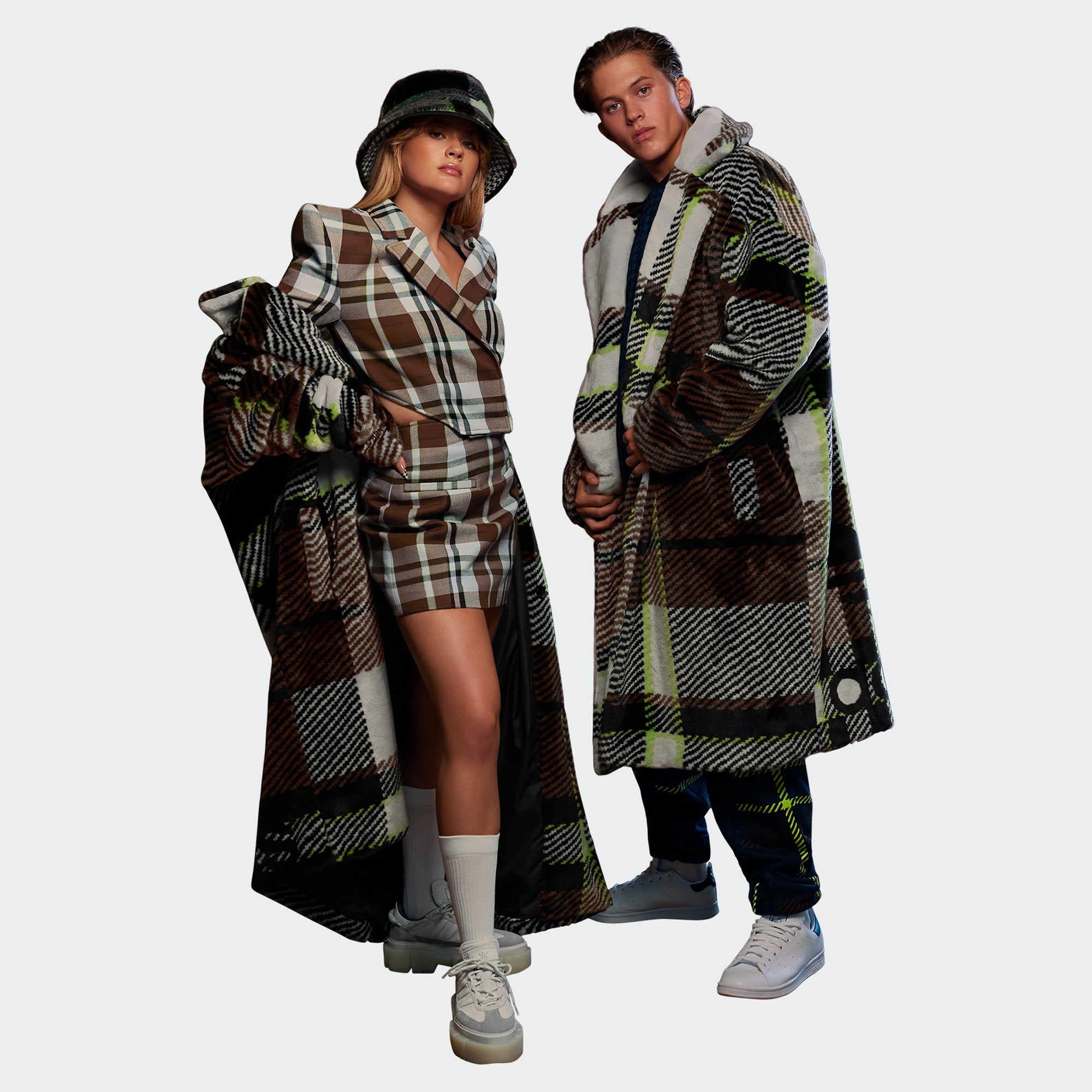 Adidas x Ivy Park Long Plaid Faux Fur Jacket 'Clear grey/Brown/blk