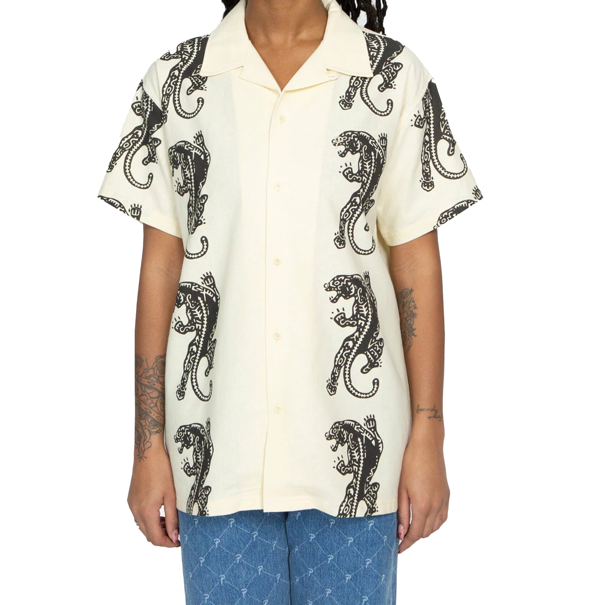 Patta Mens Block Print Panther Shortsleeve Shirt 'Vanilla Custard'